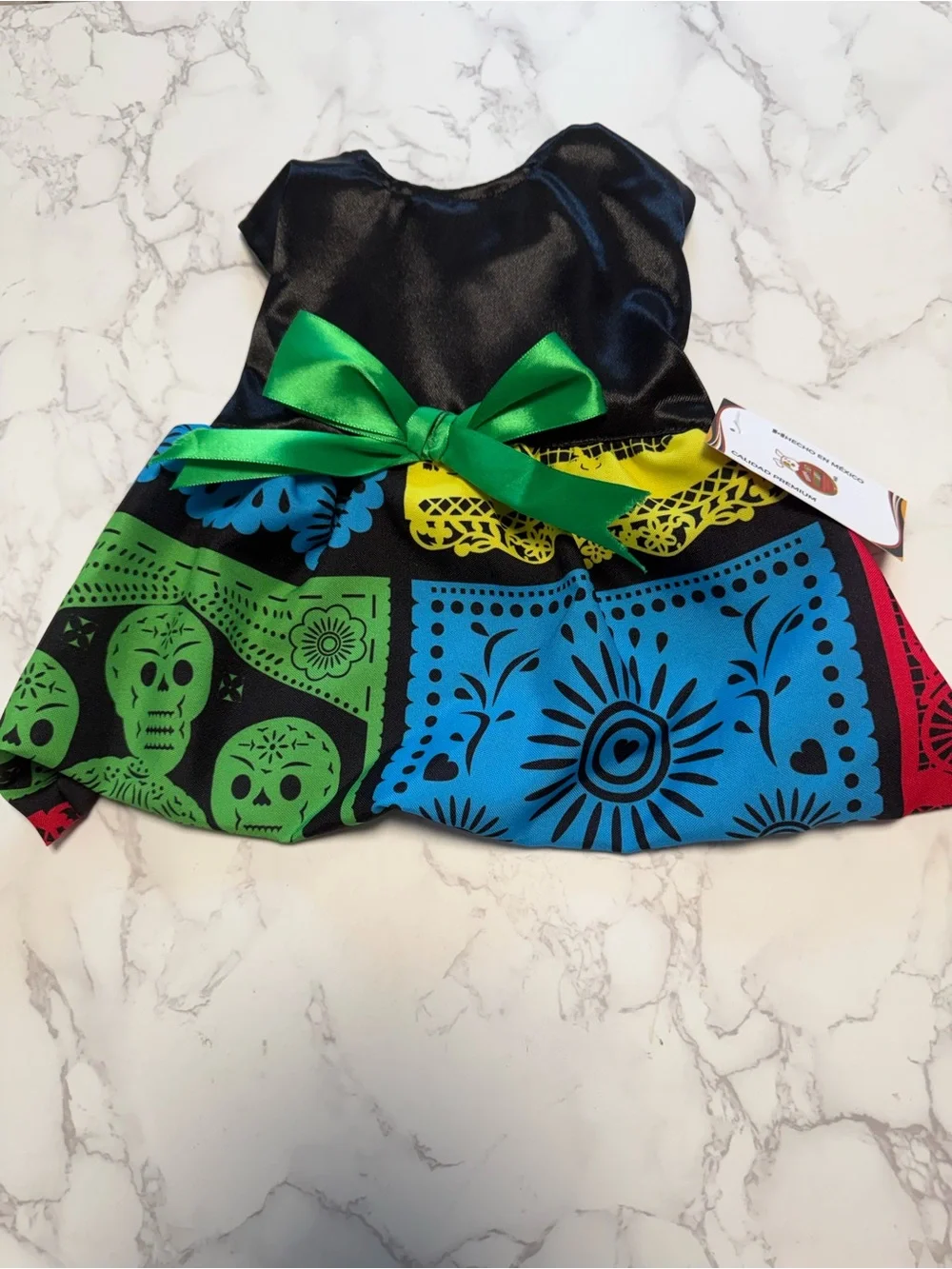 Pet Warrior Dog/Cat Day of the Dead Costume Dress with Green Bow.